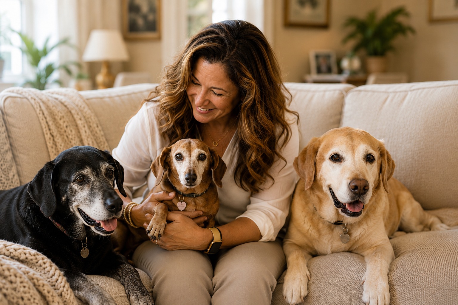 Golden Care Concierge with senior dogs in a warm home setting